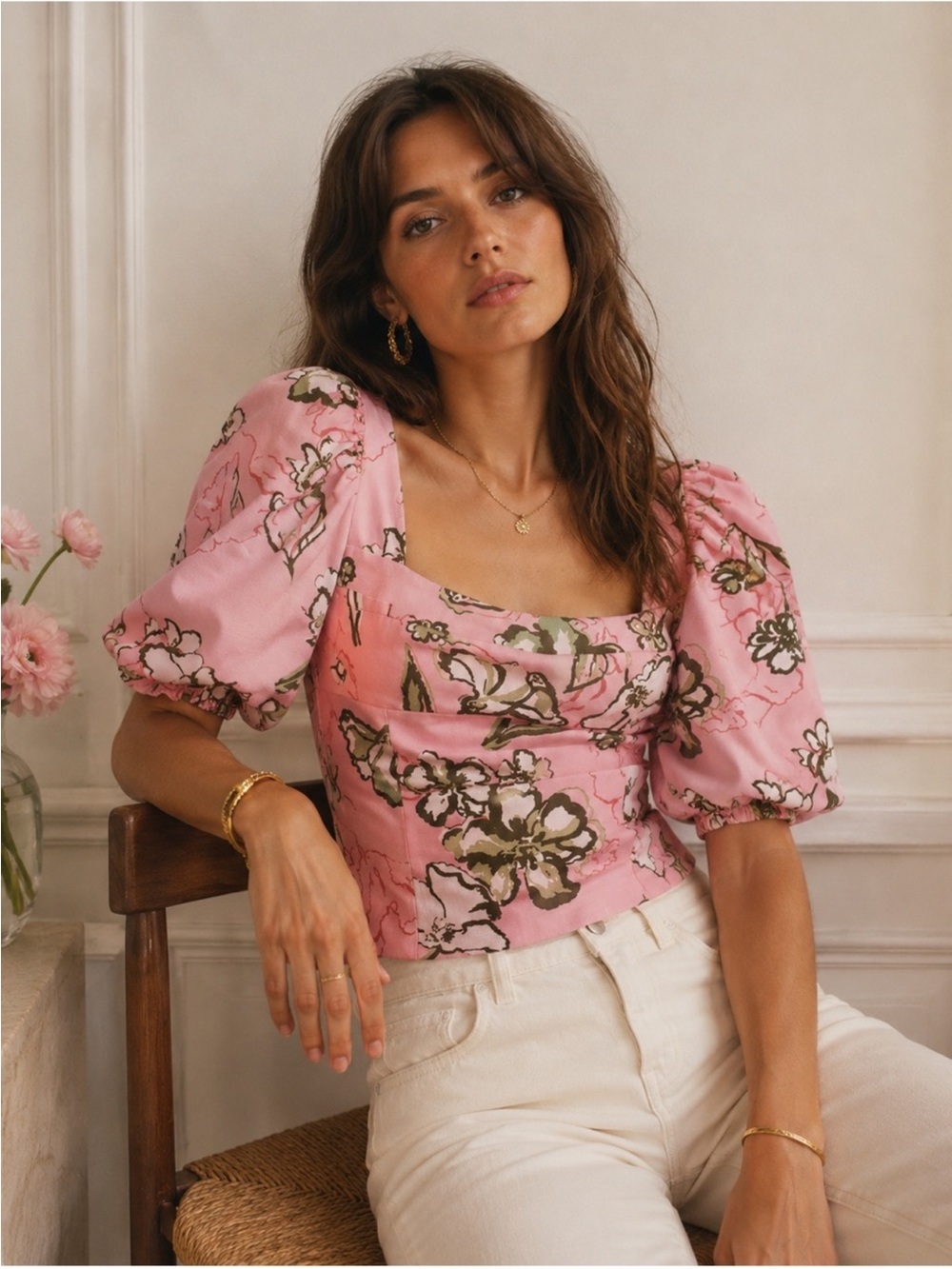 Zara Pink Floral Square-Neck Puff Sleeve Linen-blend Blouse Size M